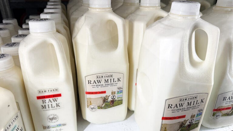 Rows of quart-sized cartons of Raw Farm's raw milk line a shelf